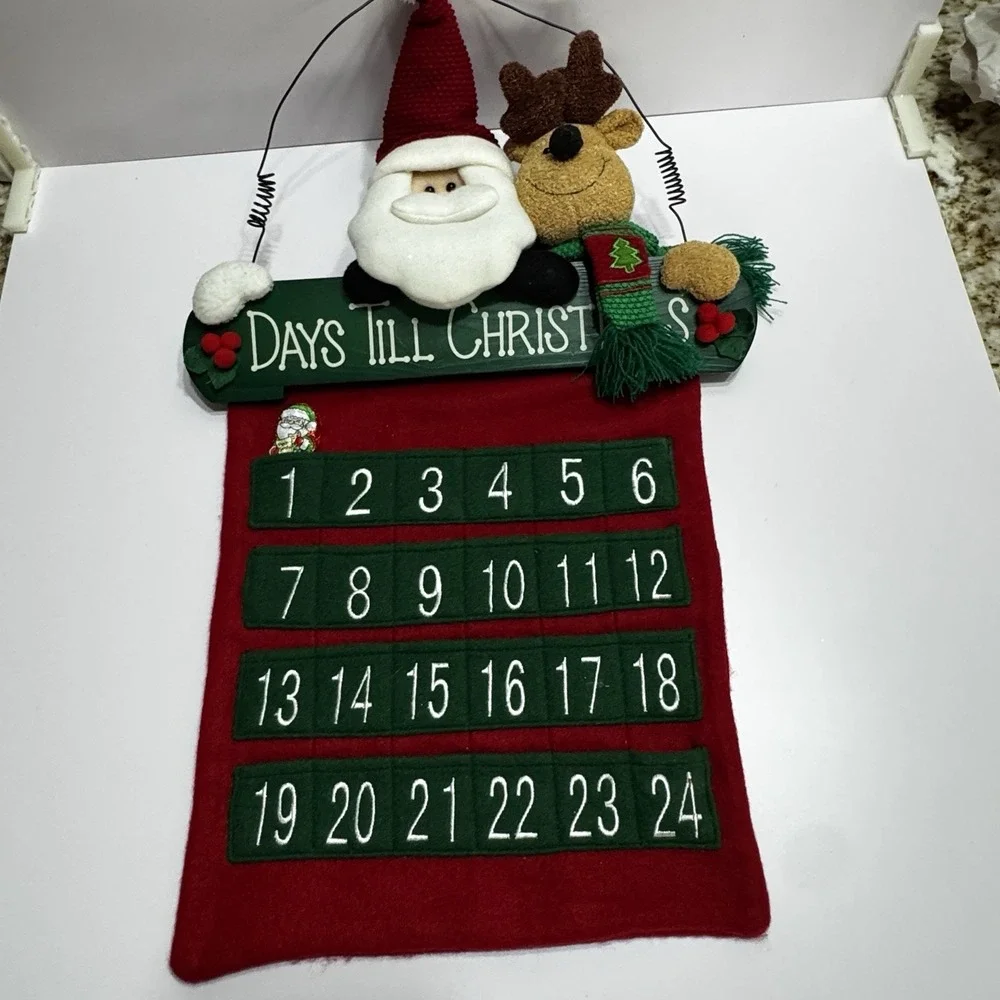 Advent Calendar Felt 24 Pockets Santa Claus Christmas Countdown Trim A Home Vtg